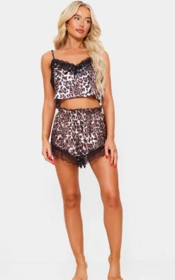 PrettyLittleThing Christmas Shop*Leopard Print Cropped Lace Trim Satin Cami And Short Pj Set