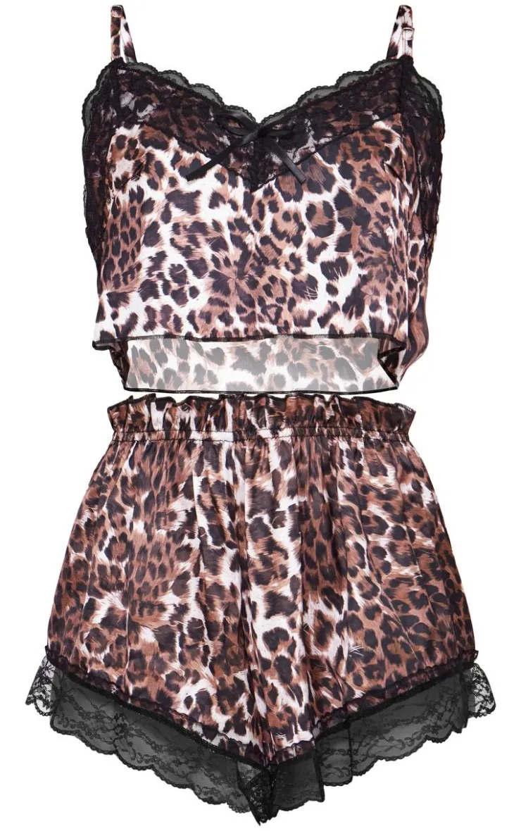 PrettyLittleThing Christmas Shop*Leopard Print Cropped Lace Trim Satin Cami And Short Pj Set