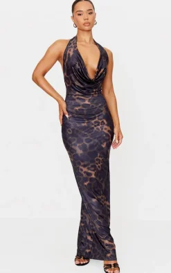 Brown Leopard Print Extreme Cowl Maxi Dress-PrettyLittleThing Online