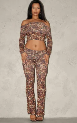 Best PrettyLittleThing Leopard Print Fold Over Ruching Flare Pants Brown