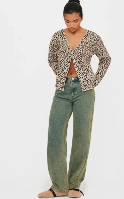 PrettyLittleThing Knitted Tops*Leopard Print Knitted Button Up V Neck Cardigan