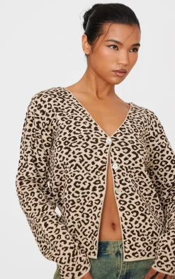 PrettyLittleThing Knitted Tops*Leopard Print Knitted Button Up V Neck Cardigan