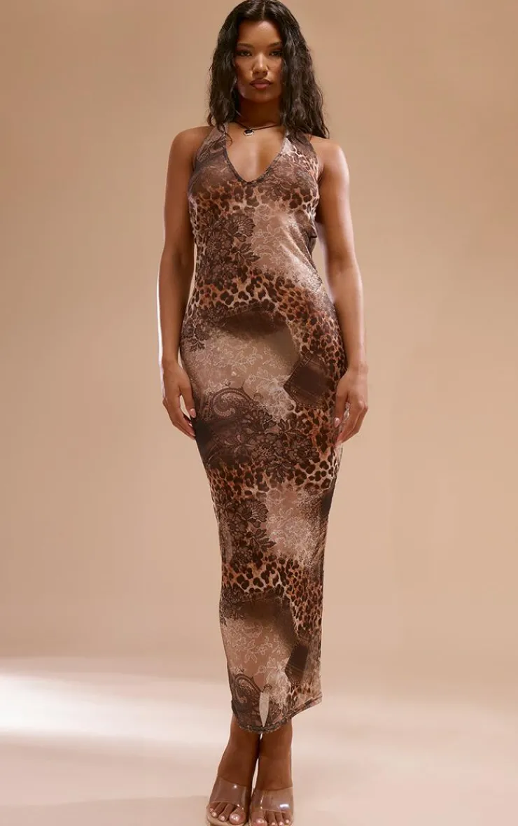 Leopard Print Mesh Halterneck Midaxi Dress-PrettyLittleThing Outlet