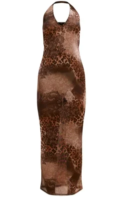 Leopard Print Mesh Halterneck Midaxi Dress-PrettyLittleThing Outlet