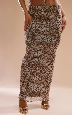Outlet PrettyLittleThing Leopard Print Mesh Low Rise Midaxi Skirt Brown