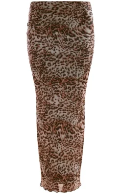 Outlet PrettyLittleThing Leopard Print Mesh Low Rise Midaxi Skirt Brown