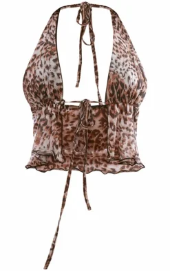 PrettyLittleThing Leopard Print Mesh Halterneck Top Brown