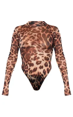 PrettyLittleThing Leopard Print Mesh High Neck Bodysuit Brown