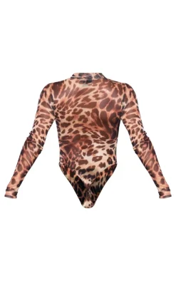 PrettyLittleThing Leopard Print Mesh High Neck Bodysuit Brown