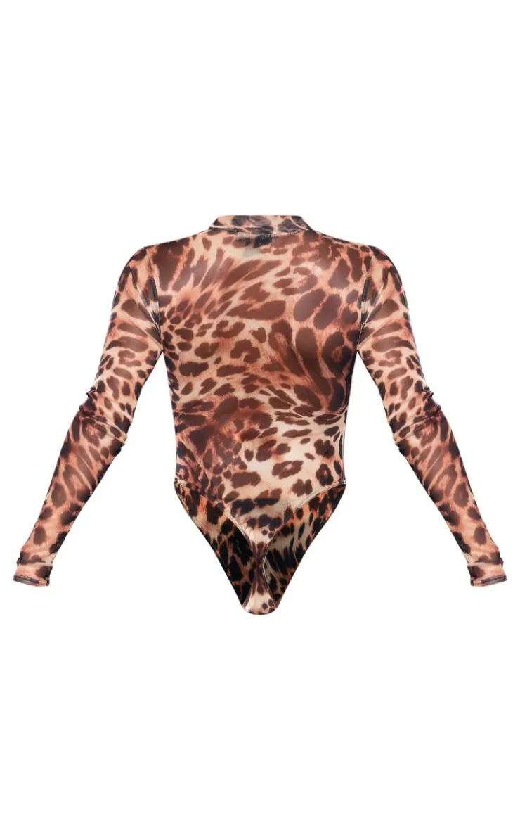 PrettyLittleThing Leopard Print Mesh High Neck Bodysuit Brown