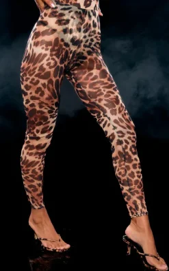 Discount PrettyLittleThing Leopard Print Mesh Leggings Brown