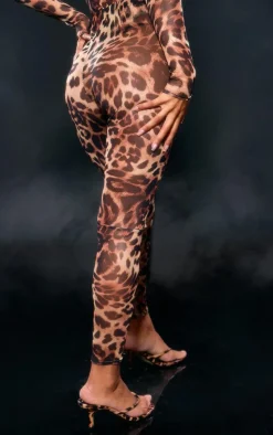 Discount PrettyLittleThing Leopard Print Mesh Leggings Brown