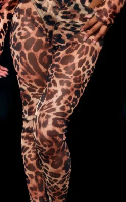 Discount PrettyLittleThing Leopard Print Mesh Leggings Brown