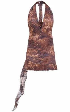Leopard Print Mesh Halterneck Ruched Mini Dress-PrettyLittleThing Online