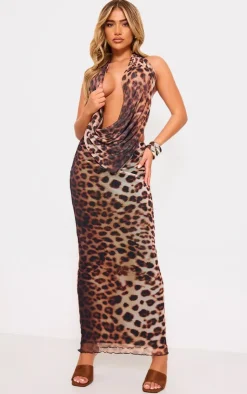 Outlet PrettyLittleThing Leopard Print Mesh Low Rise Maxi Skirt Brown
