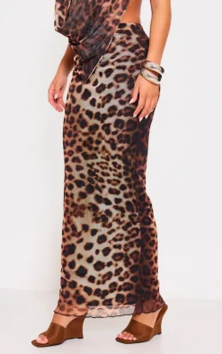 Outlet PrettyLittleThing Leopard Print Mesh Low Rise Maxi Skirt Brown