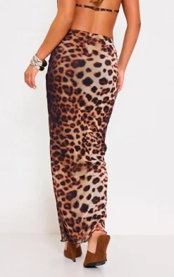 Outlet PrettyLittleThing Leopard Print Mesh Low Rise Maxi Skirt Brown