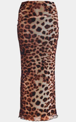 Outlet PrettyLittleThing Leopard Print Mesh Low Rise Maxi Skirt Brown