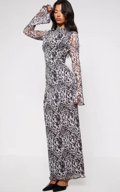Leopard Print Mesh Long Sleeve Maxi Dress-PrettyLittleThing Clearance