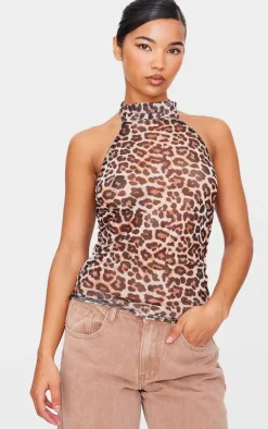 PrettyLittleThing Blouses*Leopard Print Mesh High Neck Backless Long Top