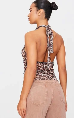 PrettyLittleThing Blouses*Leopard Print Mesh High Neck Backless Long Top