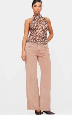 PrettyLittleThing Blouses*Leopard Print Mesh High Neck Backless Long Top