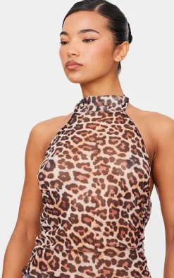 PrettyLittleThing Blouses*Leopard Print Mesh High Neck Backless Long Top