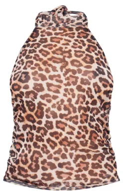 PrettyLittleThing Blouses*Leopard Print Mesh High Neck Backless Long Top