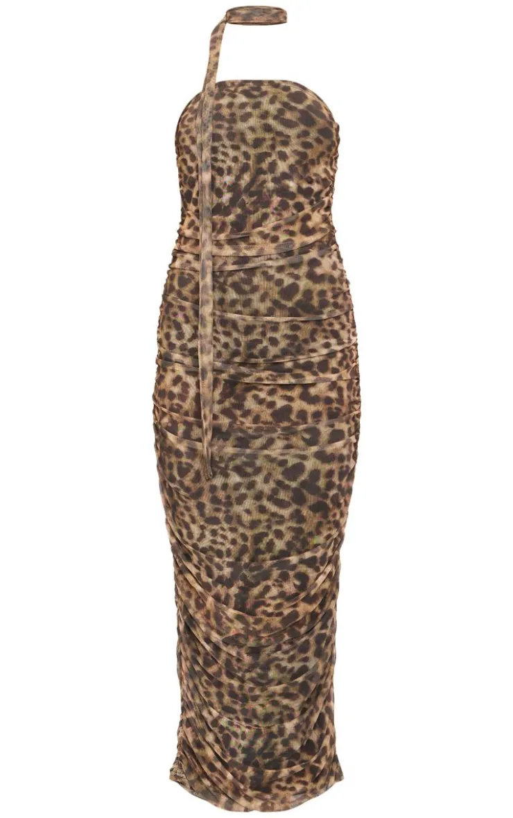 Leopard Print Mesh Bandeau Scarf Maxi Dress-PrettyLittleThing