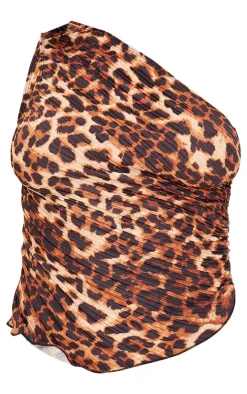 New PrettyLittleThing Leopard Print One Shoulder Plisse Top Brown