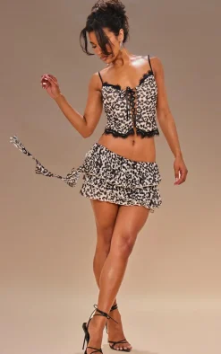Sale PrettyLittleThing Leopard Print Ruffle Mini Skirt Brown