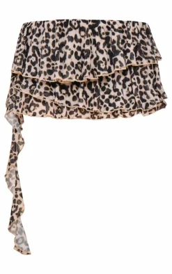 Sale PrettyLittleThing Leopard Print Ruffle Mini Skirt Brown