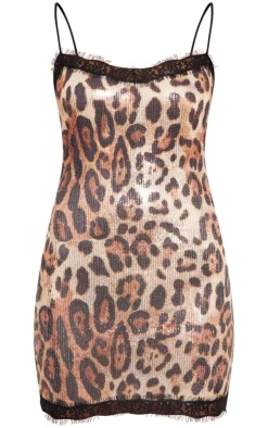 Leopard Print Sequin Lace Trim Mini Dress-PrettyLittleThing Online