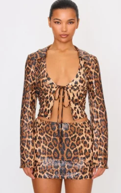 Hot PrettyLittleThing Leopard Print Sequin Mini Skirt Brown