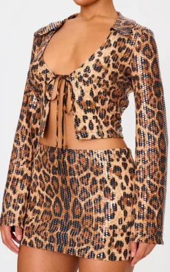 Hot PrettyLittleThing Leopard Print Sequin Mini Skirt Brown