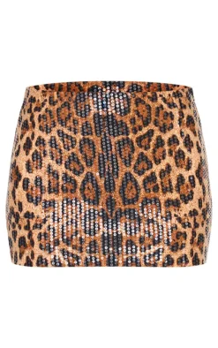 Hot PrettyLittleThing Leopard Print Sequin Mini Skirt Brown
