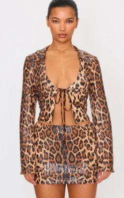 PrettyLittleThing Leopard Print Sequin Tie Front Detail Long Sleeve Shirt Brown