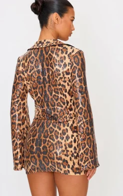 PrettyLittleThing Leopard Print Sequin Tie Front Detail Long Sleeve Shirt Brown