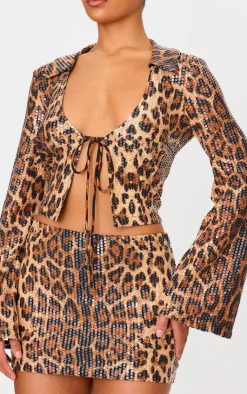 PrettyLittleThing Leopard Print Sequin Tie Front Detail Long Sleeve Shirt Brown