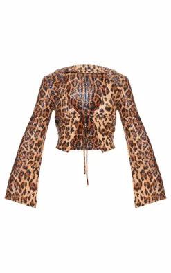 PrettyLittleThing Leopard Print Sequin Tie Front Detail Long Sleeve Shirt Brown