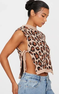 PrettyLittleThing Sleeveless Tops*Leopard Print Split Side Knitted Vest