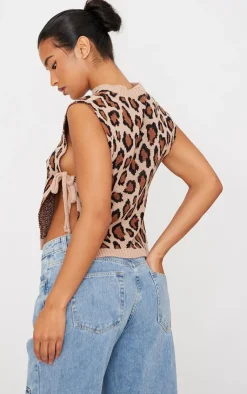 PrettyLittleThing Sleeveless Tops*Leopard Print Split Side Knitted Vest