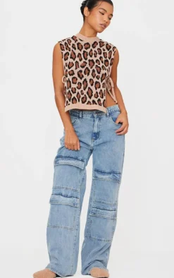 PrettyLittleThing Sleeveless Tops*Leopard Print Split Side Knitted Vest