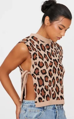PrettyLittleThing Sleeveless Tops*Leopard Print Split Side Knitted Vest