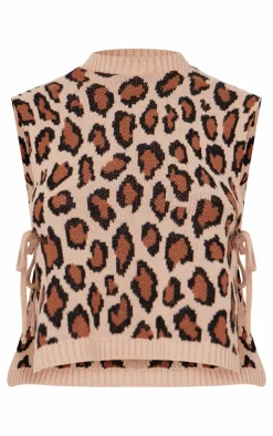 PrettyLittleThing Sleeveless Tops*Leopard Print Split Side Knitted Vest