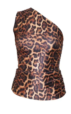 Leopard Print Stretch Slinky Ruched Side Long Top-PrettyLittleThing Sale