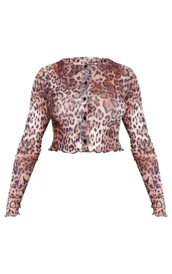 Outlet PrettyLittleThing Leopard Print Textured Jersey Button Front Top Brown
