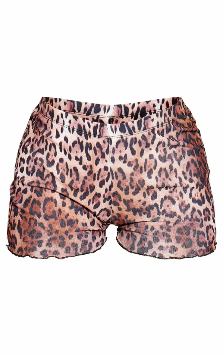 Sale PrettyLittleThing Leopard Print Textured Jersey Hot Pants Brown
