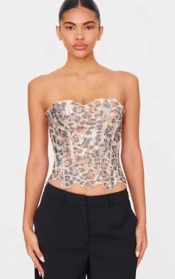 PrettyLittleThing Corsets*Brown Print Textured Sheer Floral Lace Corset