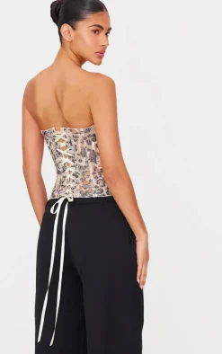 PrettyLittleThing Corsets*Brown Print Textured Sheer Floral Lace Corset